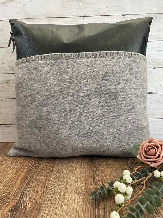 Black Faux Leather/Grey Wool Sweater Pillow Cover - Style 1