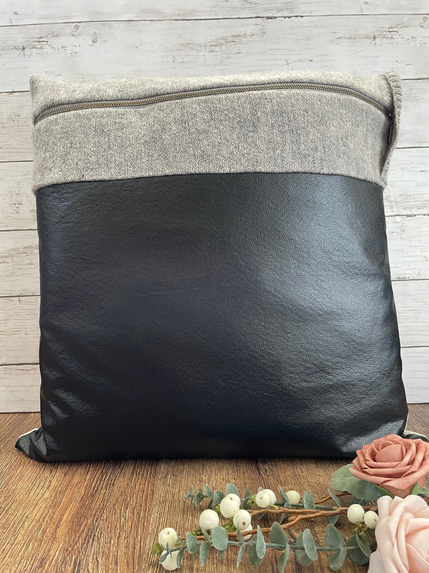 Black Faux Leather/Grey Wool Sweater Pillow Cover - Style 2