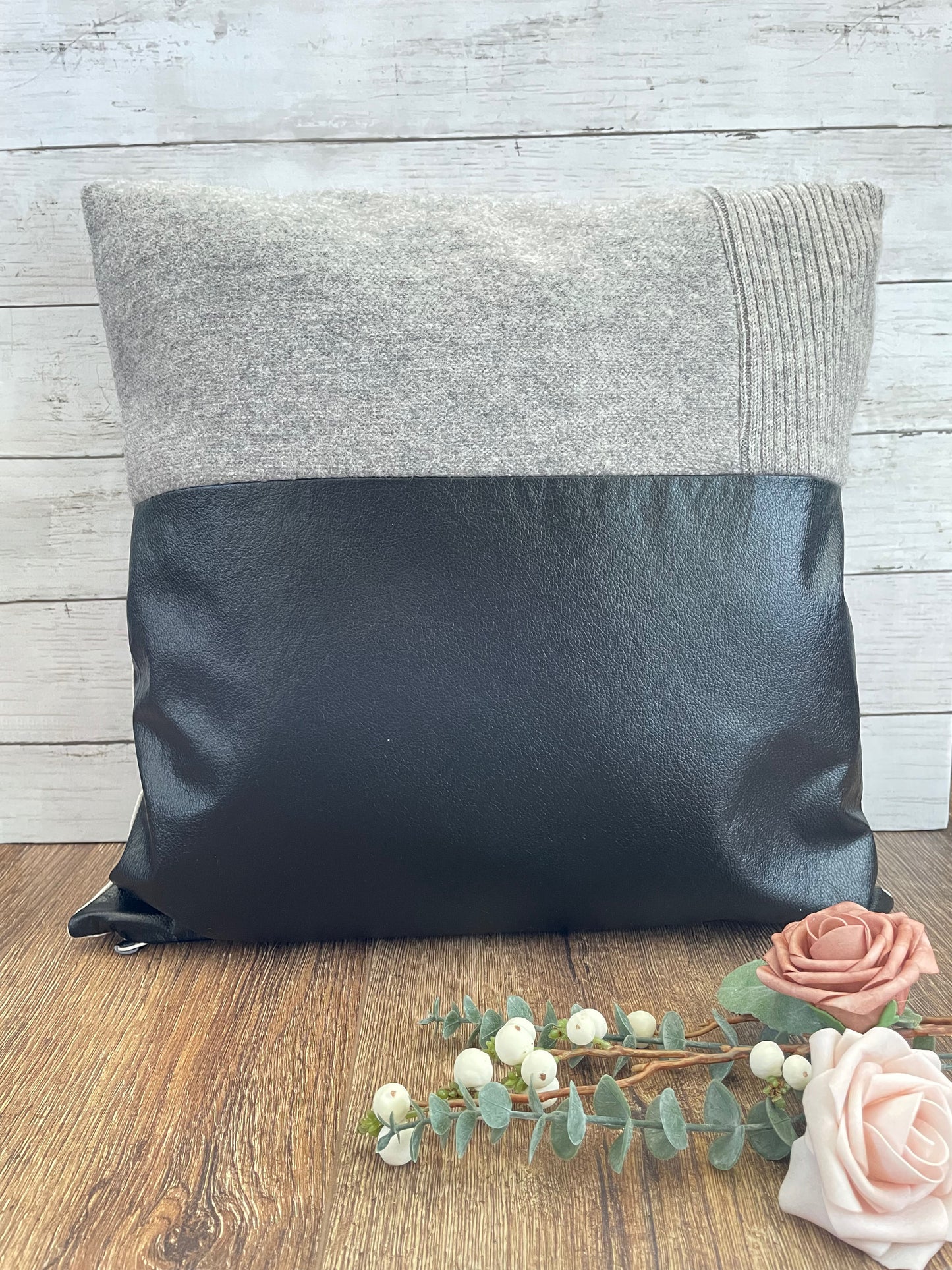 Black Faux Leather/Grey Wool Sweater Pillow Cover - Style 3