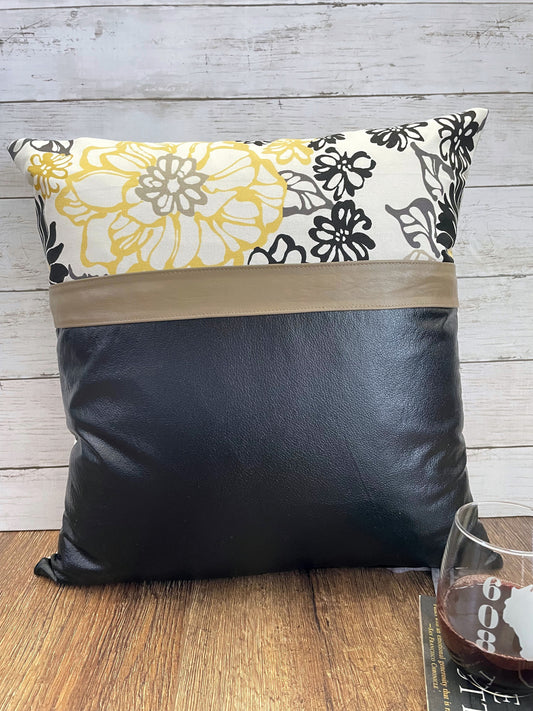 Black Faux Leather/Multi Print Flower Pillow Cover - Style 3