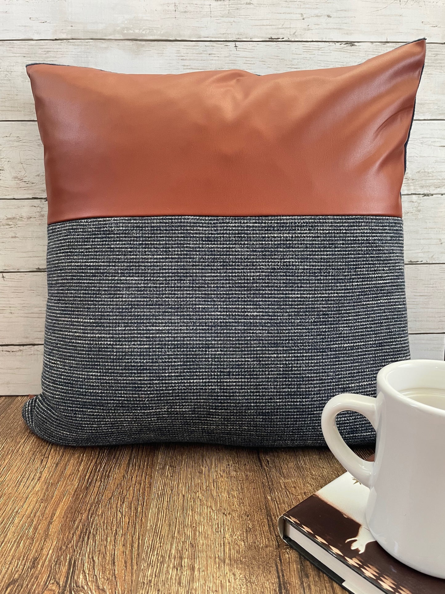 Copper Faux Leather/Blue Sweater Pillow Cover - Style 1