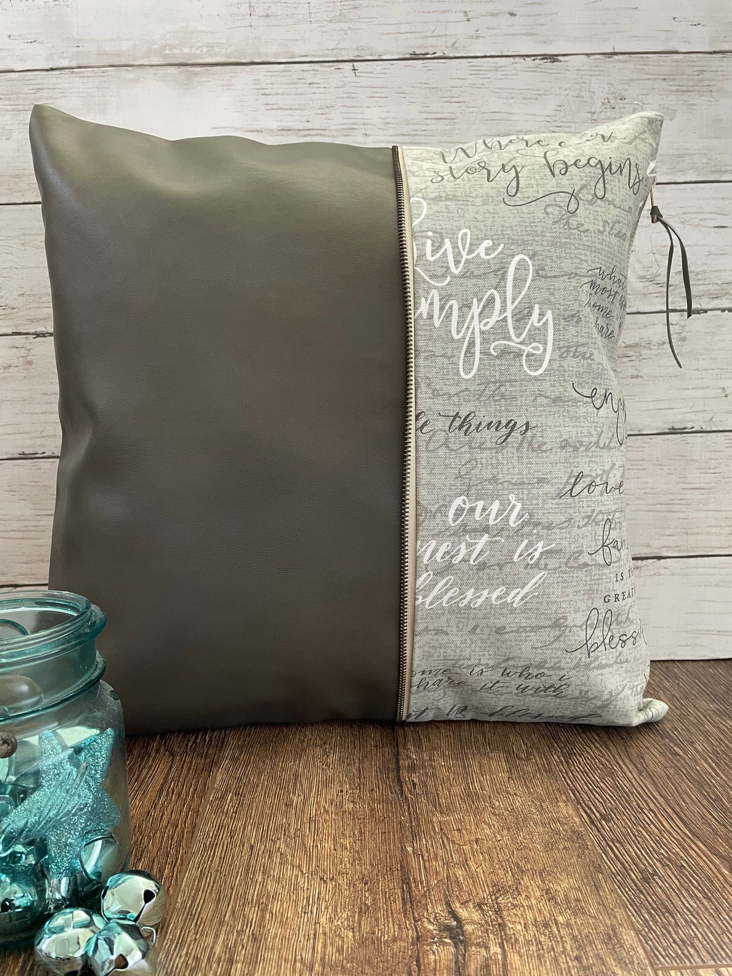 Dark Brown Faux Leather/Family Print Pillow Cover - Style 1