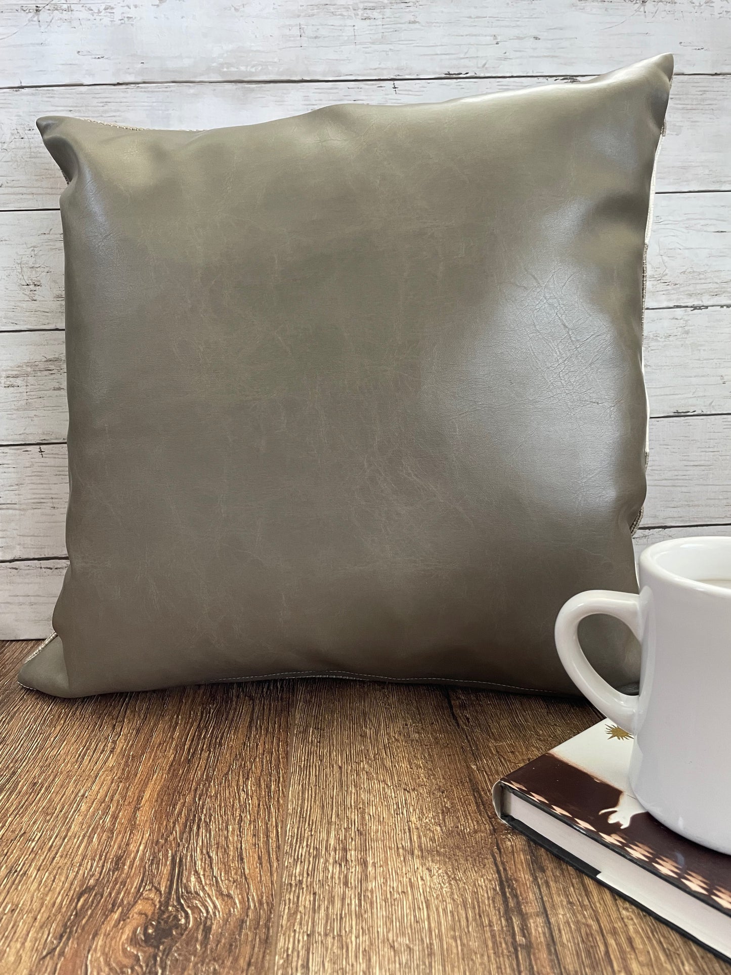 Tan Faux Leather/PolyCotton Blend Print Pillow Cover - Style 3